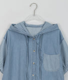 Rinta Stripe Color Matching Denim Hood Short Sleeve Shirt