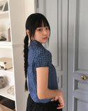 Rehue Check Shirring Banding Puff Short Sleeve Blouse