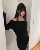 [Sleeveless SET/Layered] Hamin Halter Waffle Off-Shoulder Sweatshirt