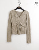 Tully Bokashi Shirring Ribbed Collar Button Long Sleeve Cardigan