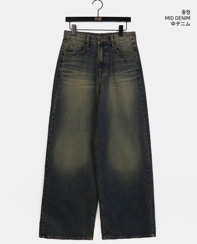 【WONDER WONDER】Vintage Washing Rivet Studded Wide Denim PT WONDER WONDER (ワンダーワンダー) - グトヴィンテージ