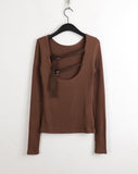 Tatin back buckle strap slit long sleeve T-shirt