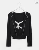 Sera Shirring Lace Ribbon Crop Long Sleeve Sleeveless Cardigan Set