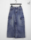 Pluck cut cargo pocket back band slit denim long skirt