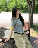 Steen Wood Button Layered One-Shoulder Short Sleeve