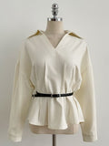 Doberin Open Collar Pintuck Blouse (Belt Set)