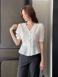 Betty V-neck Embossed Wrinkle Peplum Blouse