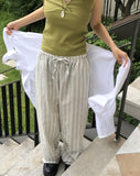 Satin Linen Stripe Wide Banding Long Pants