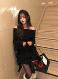 [Brushed] Fove Off-Shoulder Unbalanced Frill Rib Knit