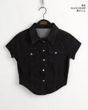 Markle pocket slim washed denim cropped short-sleeved shirt