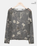 Dubi Flower Mesh See-through Long Sleeve T-shirt