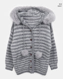 Levin Stripe Drop Knit Fur Hooded Cardigan