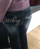 Pumme Lettering Cubic Bootcut Washed Denim Long Pants