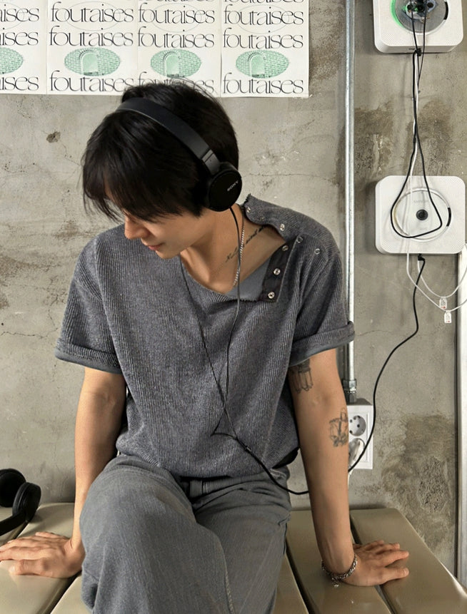 【COSYHARU】Open 5 button ribbed round knit short ver COSYHARU (コシハル) - オープン5ボタンリブラウンドニット