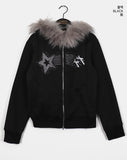 [Brushed Lining] Petol Ribbon Star Two-Way Fur Hood Zip-Up