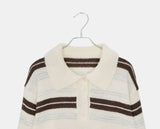 Cuff Stripe Color Matching Collar Loose Fit Long Sleeve Knit