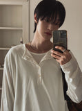 Top two-tone layered henley neck long-sleeved T-shirt