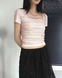 Loran mesh see-through shirring square neck short-sleeved T-shirt