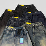 Washing Banding Heated Fabric Brushed Hem Snap Wide Fit Denim Pants XL~