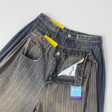 Stripe Folding Hem Snap Wide Denim Pants