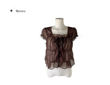 Neron Shirring Frill Ribbon Puff See-through Short Sleeve Blouse