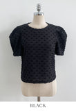 Bullet-Dot Wrinkle Jacquard Puff Sleeve Tee-Blouse