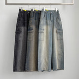 Cargo Pocket Washing Cut Line Wide Fit Denim Pants