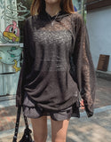 Layered see-through knitwear hoodie