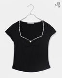 Dohwa Dot Rose Lace Crop Short Sleeve T-shirt