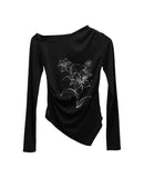 Ink Painting Flower One-Shoulder Off-Tee
