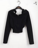 Temt Off-Shoulder Slit Line Ribbed Crop Zip-Up