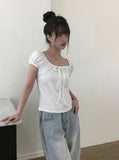 Soso Ribbon Dot Puff Cap Sleeve Short Sleeve T-Shirt