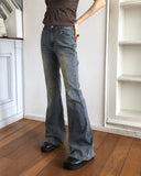 Deepin high waist hip pocket boot cut washed denim pants