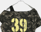 Ray Camo Number Print Off Shoulder Shirring Short Sleeve T-Shirt