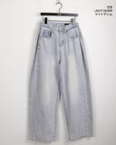 Kibe Side Pintuck Balloon Fit Vintage Washing Long Wide Denim Pants