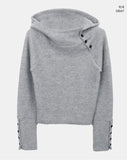 Lenin Button High Neck Hooded Long Sleeve Knit