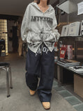 lettering denim wide banding pants