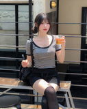 Tiny Stripe U-neck Elbow Length T-shirt