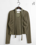 [Scarf Set] Purden Ribbed Side Shirring Crop Long Sleeve T-shirt