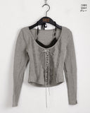 Frka lace string sleeveless brushed long sleeve T-shirt