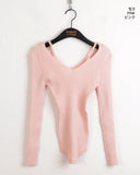 Atter strap deep V-neck slim ribbed crop long sleeve knit