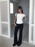 Nob Shirring Off-shoulder Ribbon Short Sleeve T-shirt