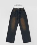 Washed color brushed semi-wide denim pants