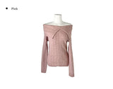 Fuzz Collar Rib Off-Shoulder Slit Long Sleeve Knit