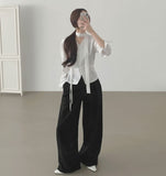 Front Pleated Loose Wide Back Banding Slacks
