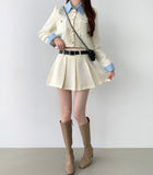 Tweed Two-Piece Crop Jacket Belt Mini Skirt Pants Set