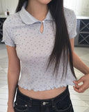 Soming Flower Round Collar Frill Short Sleeve T-Shirt