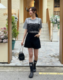 Churing Lace Bustier Lettering Short Sleeve Knit