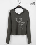 Tasha Heart Printed Warmer Deep U-Neck Slim Long Sleeve Hood T-Shirt