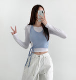 Halterneck Two-Tone Layered Ribbon Crop T-shirt